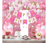 Pink Gold Birthday Party Decorations, Happy Birthday Banner, Pink Fringe Curtain, Heart Star Foil Confetti Balloons, Hanging Swirls for Women Girls Birthdays Princess Party