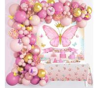 Pink Gold Butterfly Arch Kit - 101pcs Rose Gold Butterfly Decorations with Pink Balloon Garland, Backdrop Tablecloth for Girls' Birthday