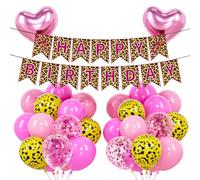 Pink Gold Cheetah Print Balloons with Banner, Claw Marks Leopard Jungle Safari Birthday Decorations Set Happy Birthday Banner Heart Foil Balloon for Wild One Party Decorations Supplies Girls Women