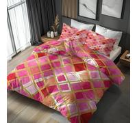 Pink Gold Geometric King Size Duvet Cover Sets - Watercolor Diamond Print Bedding & Bedroom Decor, Super Soft Microfiber Quilt Cover and 2 Pillowcases, with Zip, Reversible Design SD-1577