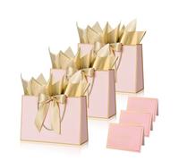 Pink Gold Gift Bags for Presents,3P Medium Present Bags with 6 Metallic Gold Tissue /3 Card,Personalised Birthday Gift Paper Bag with Ribbon,28*20*10 Wrapping Bag for Christmas Wedding Gift Party Bag