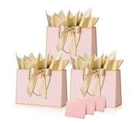 Pink Gold Paper Gift Bags with Handles,3pcs Medium Gift Bags for Presents,Wrapping Gift-Bag with Bow Ribbon Tissue Papers and Cards,28*20*10cm Wrapping Bag for Christmas Birthday Wedding Bridesmaid