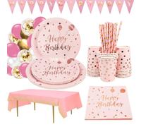 Pink Gold Party Supplies - Birthday Plate, Cutlery, Napkins, Cups, Straws, Tablecloths for Baby Shower - Serves 16