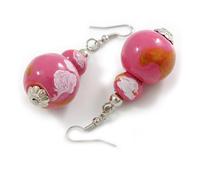 Pink/Gold/White Double Bead Wood Drop Earrings - 60mm L