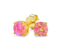 Pink Golden Created Opal Round Solitaire Stud Earrings Basket Set Gold Plated Sterling Silver 6MM October Birthstone