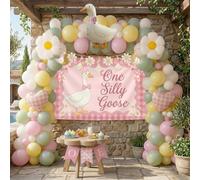 Pink Goose One Silly Goose decorations Pastel yellow Pink Green Balloon Garland with Goose daisies Balloons, bow Boys Girls Vintage Goose Birthday Baby Shower Arch