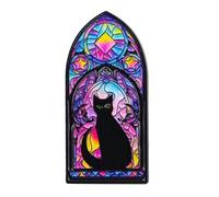 Pink Gothic Cathedral Collection Black Cat Enamel Pin, Stained Glass Window Design, Multicolor Hard Enamel, 1.5 Inch Vertical Brooch, Medieval Art Style