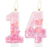 Pink Gradient 14th Number Candles, Butterfly Birthday Cake Toppers for Girls Boys Baby Birthday Party