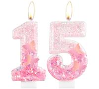 Pink Gradient 15th Number Candles, Butterfly Birthday Cake Toppers for Girls & Boys