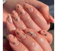 Pink Gradient Celestial Short Oval False Nails with Gold Moon & Star Design for Fantasy Manicure - 24PCS Press On Nails Set with Jelly Adhesive Tabs for Women Wedding Party Daily Wear
