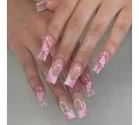 Pink Gradient French Square Press On Nails with Glossy 3D Floral Swirl Designs - Silver Rhinestones Acrylic Manicure Kit for Elegant Women, Adult Users, Party and Special Occasion Wear