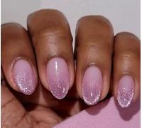 Pink Gradient Glitter Press on Nails Short Almond Shape - Nude Base 24PCS Glossy Fake Nails - for Women Daily Spring Summer Wear Accessories for Stylish Fashion Looks