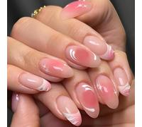 Pink Gradient Glossy Wave Star Design Press On Nails for Weddings Parties Daily Wear - 24PCS Oval Almond Reusable French Manicure Art Tips with White Patterns Long Lasting Easy Application