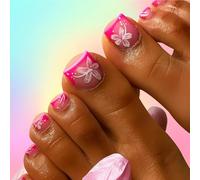 Pink Gradient Matte-Glossy Press On Toenail Tips with Butterfly Floral Design - Short Square False Toe Nails Set for Women Daily Wear Party Special Occasion Elegant Touch, Easy Application, Dual