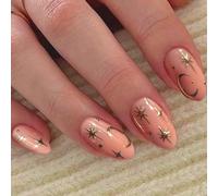 Pink Gradient Oval Press On Nails with Gold Star Moon Charms - Short Nude False Nails for Women, Glue On Strips, Square False, French Manicure, Leopard Print & Elegant Touch Art