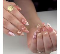 Pink Gradient Press on Nails with 3D Floral & Pearl Accents, Metallic Gold Edge Design - 24PCS Almond French Tip False Nails for Women, Easy Application for Wedding Party and Daily Wear