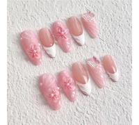 Pink Gradient Style False Nail Art 3D Butterfly Relief Design Floral Sculpture Nail Press-On Almond Nail Art(M)
