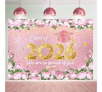 Pink Graduation Backdrop Rose Gold Class of 2026 Backdrop Pink Flower Graduation Party Decorations Congrats Grad Banner for Prom Photo Booth Prop (8x6FT)