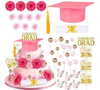Pink Graduation Cake Decorations Class of 2026, Congrats Grad Topper Decor Kit with Cap Diploma Flowers Balls Butterflies Party Supplies