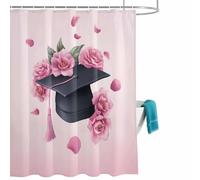 Pink Graduation Cap Shower Curtain for Bathroom, Rose Flower Gradient Abstract Tassels Waterproof Cloth Fabric Bathroom Accessories Set with 12 Rust Proof Plastic Hooks, 72” x 84”