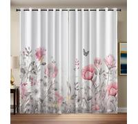 Pink Gray Flowers Leaves Butterflies 95% Blackout Curtains for Bedroom 2 Panels Elegance Garden Curtains for Living Room Grommet Thermal Insulated Room Darkening Window Drapes, 66.1 x 72 Inch