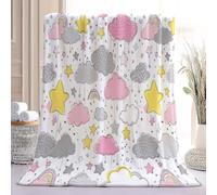 Pink Gray Soft Cozy Throw Blanket, Clouds Stars Reversible Fleece Flannel Blanket for Couch Bed Sofa Office Travel, Fresh Hand-Drawn Comfortable Warm All Season Blankets, 127 x 152 cm