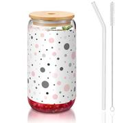 Pink Gray White Modern Polka Dot Pattern Printing 16oz Drinking Glasses with Lids and Straws,Cute Water Glasses for Juice,Beer,Coffee,Tea