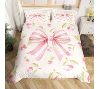 (Pink Green Beige, Double(No Comforter)) Homewish Kids Cute Bow Duvet Cover Double Kawaii Pink Bowknot Comforter Cover Butterfly Knot Princess Style Bedding Set For Girls Teen Women,Cartoon