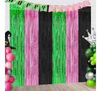 Pink Green Black Foil Fringe Curtains Backdrop Birthday Party Decorations, 2 Pack 3.28 x 6.56 Ft Witch Themed Tinsel Streamer Banner Photo Booth Props for Girls Halloween Party Decor Supplies Favors