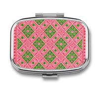 Pink Green Block Pill Box - 2 Compartment Travel Pill Organizer with Small Mirror, Portable Pillcase for Pocket & Purse, Cute Square Medicine Case, Weekly Medicine Container