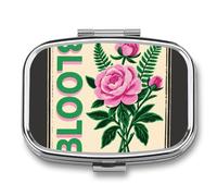 Pink Green Block Print Pill Box - 2 Compartment Travel Pill Organizer with Small Mirror, Portable Pillcase for Pocket & Purse, Cute Square Medicine Case, Weekly Medicine Container