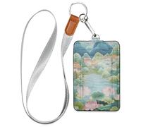 Pink Green Chinese Landscape Flower Leather Name Badge Holder with Lanyard and 3-Card Capacity Card Holders for Office Worker Nurse Teacher Student