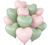 Pink Green Heart Balloons,12Pcs 18Inch Pink Sage Green Heart Shaped Foil Helium Balloons for Birthday Anniversary Wedding Engagement Party Decorations