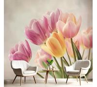 Pink Green Mural Photo Wallpaper,Green Leaf Tulip Wallpaper for Living Room Tv Backdrop Office,3D Effect Watercolor Plants Large Wall Mural Paper Decoration Poster Picture,150X105Cm