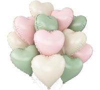 Pink Green White Heart Balloons,12Pcs 18Inch Cream White Pink Sage Green Heart Shaped Foil Helium Balloons for Birthday Anniversary Wedding Engagement Party Decorations