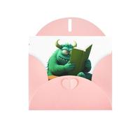 Pink Greeting Card DLXW Green monster reading a book Pattern for Christmas, Children's Birthday, Valentine's Day, Wedding Anniversary & Party Invitation