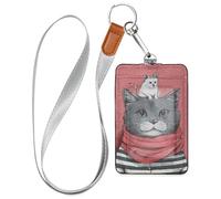 Pink Grey Cat and Animal Leather Cute id Badge Holder with Lanyard and 3-Card Capacity Name Card Holder for Office School IDs,Hotel Key Cards, Pass Cards