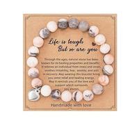 Pink Grey Natural Stone Beaded Bracelet - Handmade Gemstone Jewellery with Heart Charm & Inspirational Card, “Life is Tough but So Are You” Gift for Birthday, Friendship, Encouragement