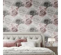 Pink Grey White Floral Rose Bloom Flower Wall Mural Feature Wallpaper