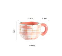 (Pink grid, 301-400ml) 300ML Cute Hand Pinched Irregular Ceramic mug Flower Heart Pattern Coffee Cup Breakfast Milk tea cups Gift For Kids Girls