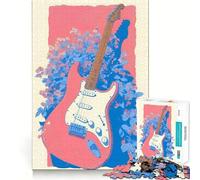 Pink Guitar with Blue Flowers Jigsaw Puzzles 1000 Pieces for Adults Brain Skill Stress Release Exact Edge Wall Art Decor (50x75cm)