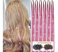 Pink Hair Extensions Kit with Tool, 6 Pieces 1200 Strands Glitter Hair Extensions Heat Resistant Sparkly Fairy Hair Accessories for Women Girls Kids 47 Inch