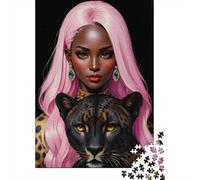 Pink Hair Woman 1000 Piece Jigsaw Puzzle Black Panther Jigsaw Puzzle for Adults Relaxing Home Decor Gift 52x38cm/1000pcs