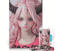Pink-Haired Anime Girl with Horns 1000 Pieces Jigsaw Puzzles for Adults Mind Puzzle Soft Relax Image Assembly Santa Wish Item (38x26cm)