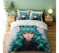 Pink Haired Cat Ear Girl Duvet Cover, Dreamy Cute Bedding Set, Modern Anime Style Design (02,Single + 80 x 80cm x2)