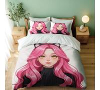 Pink Haired Cat Ear Girl Duvet Cover, Dreamy Cute Bedding Set, Modern Anime Style Design (03,Double + 80 x 80cm x2)