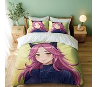 Pink Haired Cat Ear Girl Duvet Cover, Dreamy Cute Bedding Set, Modern Anime Style Design (04,Single + 80 x 80cm x2)