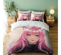 Pink Haired Cat Ear Girl Duvet Cover, Dreamy Cute Bedding Set, Modern Anime Style Design (05,Double + 80 x 80cm x2)
