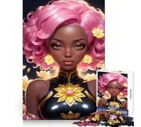 Pink-haired Woman with Floral Accents Jigsaw Puzzles 1000 Pieces for Adults Logic Sense Toy Leisure Time Smooth Edge Seasonal Gift (38x52cm)