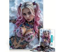 Pink Haired Woman with Tattoos Jigsaw Puzzles 1000 Pieces for Adults Logic Sense Toy Leisure Time Smooth Edge Seasonal Gift (38x52cm)